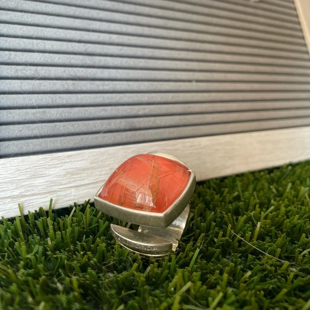 PIANEGONDA RITULATED ORANGE QUARTZ STERLING STEEL RING - Picture 7 of 10